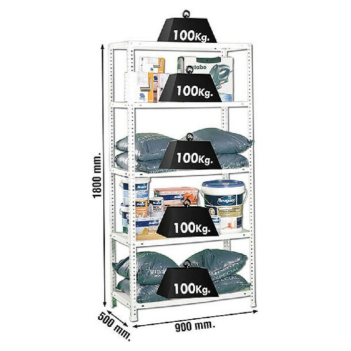 Simonrack Metall-Schwerlastregal (L x B x H: 50 x 90 x 180 cm, Traglast: 100 kg/Boden, Anzahl Böden: 5 Stk., Schrauben, Weiß)