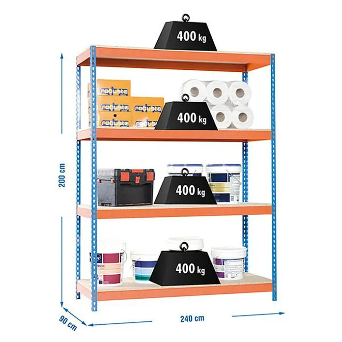 Simonrack Simonforte Schwerlastregal Simonforte Chipboard - H x B x T: 200 x 240 x 90 cm, Traglast pro Boden: 400 kg, Anzahl Böden: 4 Stk., Stecken, Blau/Orange - Abbildung eines robusten, orangefarbenen Regals mit vier Ebenen, beladen mit diversen Artikeln und beschwert mit 400 kg Gewichten auf jeder Ebene.