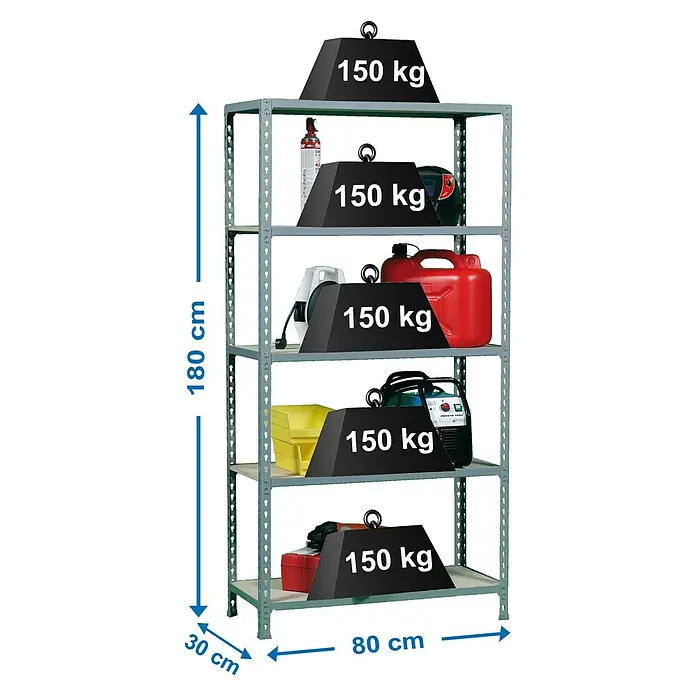 Simonrack Maderclick Metallregal Maderclick Mini - H x B x T: 180 x 80 x 30 cm, Traglast pro Boden: 150 kg, Anzahl Böden: 5 Stk., Stecken, Grau - Nahaufnahme eines Schwerlastregals mit fünf Ebenen, beladen mit verschiedenen Gegenständen und jeweils mit einem Gewicht von 150 kg versehen.