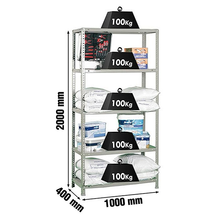 Simonrack Comfort Metallregal (L x B x H: 40 x 100 x 200 cm, Traglast: 100 kg/Boden, Anzahl Böden: 5 Stk., Grau)