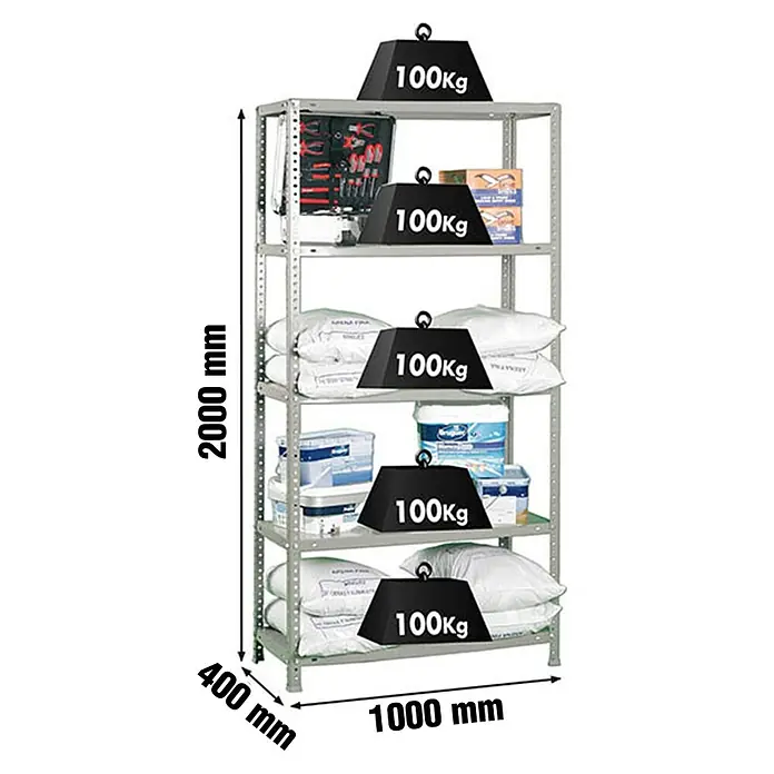Simonrack Simonclassic Metallregal Comfort Plus - H x B x T: 200 x 100 x 40 cm, Traglast pro Boden: 100 kg, Anzahl Böden: 5 Stk., Schrauben, Grau - Das Bild zeigt ein Schwerlastregal mit fünf Ablagen, das mit Gewichten von 100 kg pro Ebene belastet ist. Die Maße des Regals sind 2000 mm Höhe, 1000 mm Breite und 400 mm Tiefe.