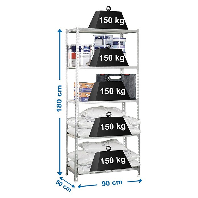 Simonrack Maderclick Estantería metálica 5/500 (L x An x Al: 50 x 90 x 180 cm, Capacidad de carga: 150 kg/balda, Número de baldas: 5 ud., Plateado)