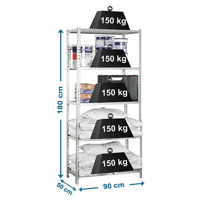 Simonrack Maderclick Metallregal Maderclick - H x B x T: 180 x 90 x 50 cm, Traglast pro Boden: 150 kg, Anzahl Böden: 5 Stk., Stecken, Silber - Ein Regal mit fünf Ebenen, beladen mit Farbdosen, einer Werkzeugkiste und Säcken, wobei jede Ebene zusätzlich mit 150 kg belastet ist.
