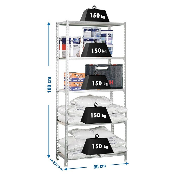 Simonrack Maderclick Metallregal (L x B x H: 30 x 90 x 180 cm, Traglast: 150 kg/Boden, Anzahl Böden: 5 Stk., Silber)