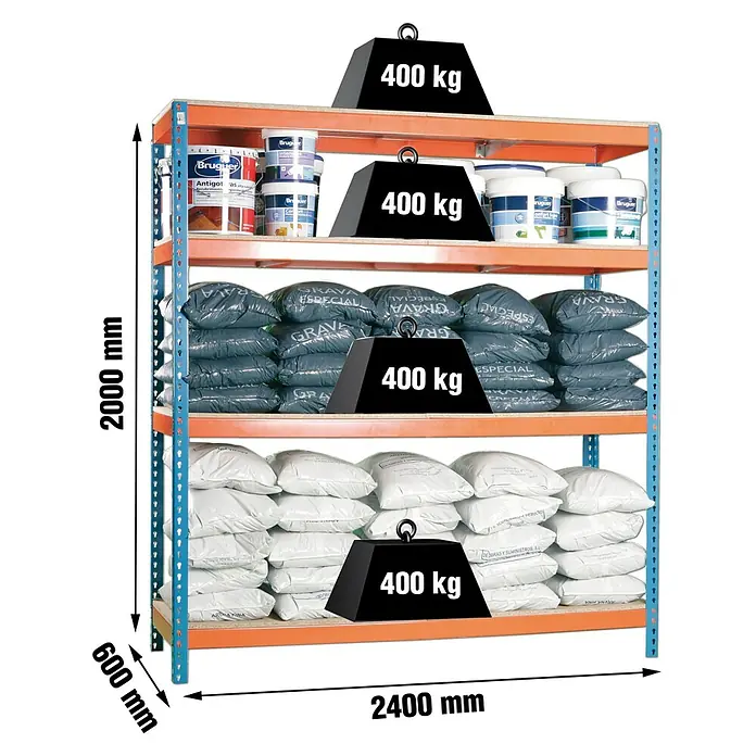 Simonrack Simonforte Schwerlastregal Simonforte Chipboard - H x B x T: 200 x 240 x 60 cm, Traglast pro Boden: 400 kg, Anzahl Böden: 4 Stk., Stecken, Blau/Orange - Bild eines beladenen Schwerlastregals mit Farbtöpfen und Säcken, die jeweils mit 400 kg gekennzeichnet sind, sowie Maßangaben.