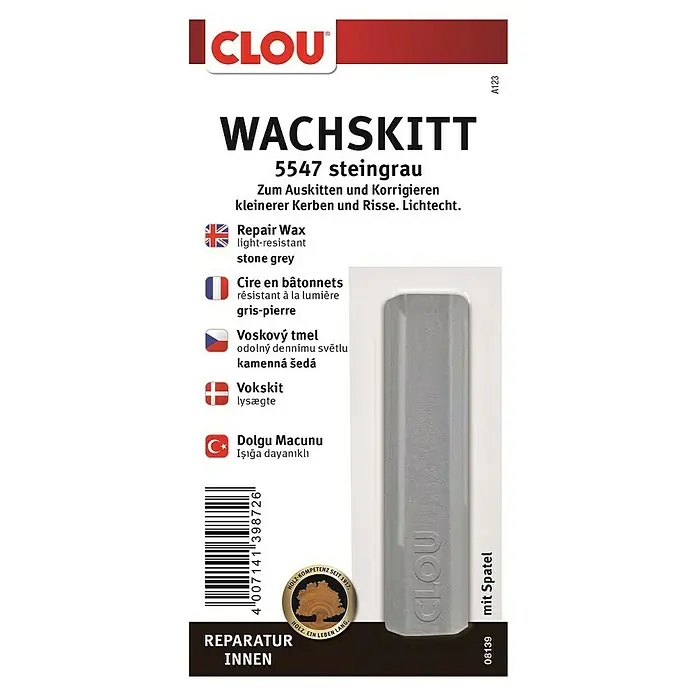 Clou Wachskittstange - Steingrau - Produktverpackung Clou Wachskitt 5547 steingrau, Reparaturwachs zum Ausbessern von Holzoberflächen im Innenbereich, mit Spatel.