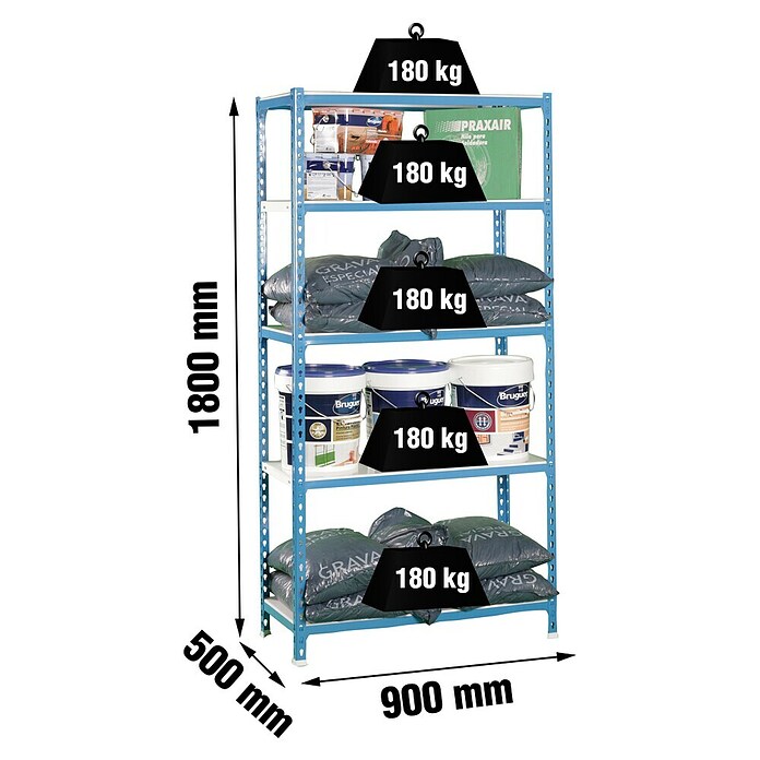 Simonrack Metall-Schwerlastregal (L x B x H: 90 x 50 x 180 cm, Traglast: 180 kg/Boden, Anzahl Böden: 5 Stk., Stecken, Blau/Weiß)