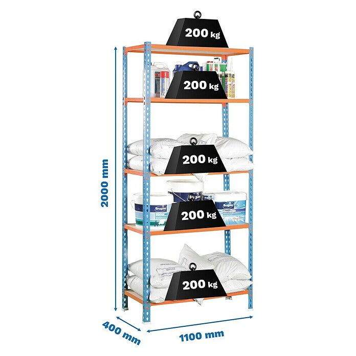 Simonrack Maderclick Metallregal (L x B x H: 40 x 110 x 200 cm, Traglast: 150 kg/Boden, Anzahl Böden: 5 Stk., Blau/Orange)