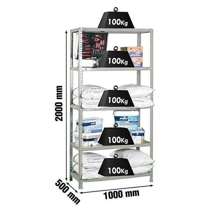 Simonrack Comfort Metallregal (L x B x H: 50 x 100 x 200 cm, Traglast: 100 kg/Boden, Anzahl Böden: 5 Stk., Grau)