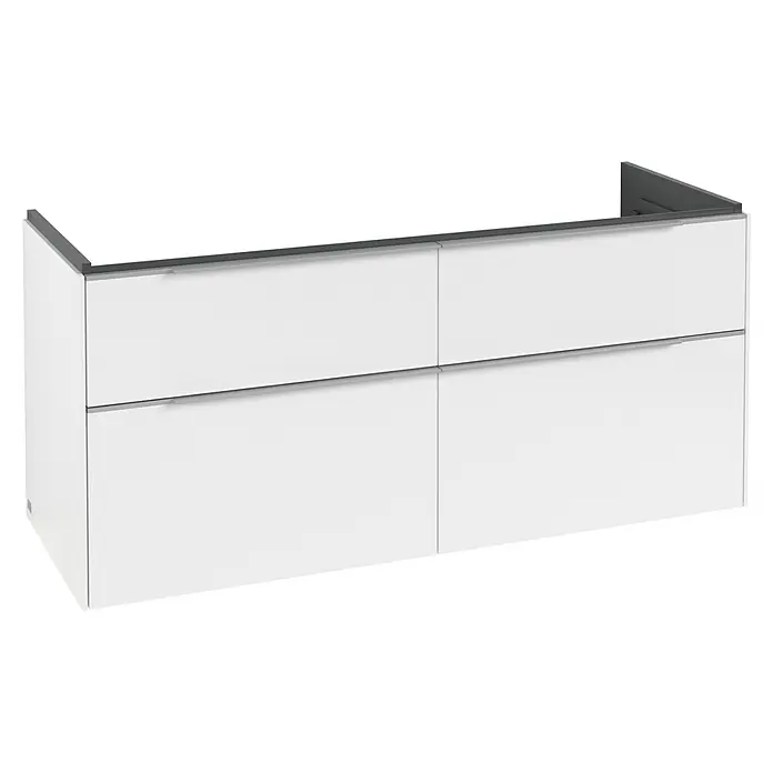 Villeroy & Boch Subway 3.0 Waschbeckenunterschrank - Pure White, Anzahl Schubladen: 4 Stk., Farbe Griff: Aluminium glänzend, B x T x H: 127,2 x 47,8 x 57,6 cm, Mit Beleuchtung - Weißer wandhängender Badschrank mit vier Schubladen, integrierten grauen Griffen und passender grauer Oberkante.