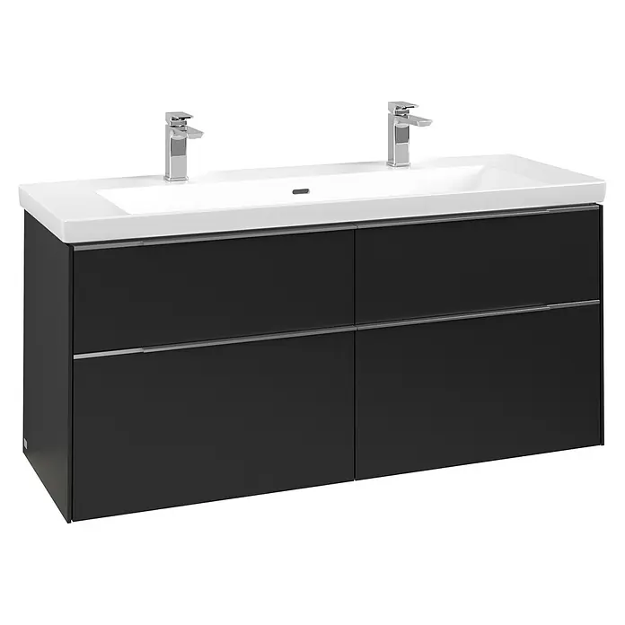 Villeroy & Boch Subway 3.0 Waschbeckenunterschrank - Volcano Black, Anzahl Schubladen: 4 Stk., Farbe Griff: Aluminium glänzend, B x T x H: 127,2 x 47,8 x 57,6 cm, Mit Beleuchtung - Dunkelgrauer Doppelwaschtisch mit weißen Keramikbecken und zwei Chromarmaturen, mit vier Schubladen für Badezimmeraufbewahrung.