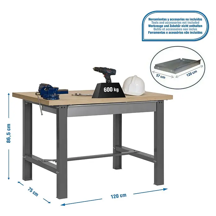 Simonrack Simonwork Banco de trabajo BT6 Box - L x An: 75 x 120 cm, Altura de trabajo: 86,5 cm, Carga soportada: 635 kg, Gris - Un banco de trabajo con un tornillo de banco, taladro, casco y algunas herramientas, que mide 86,5x75x120cm y una capacidad de carga de 600kg.