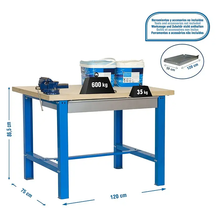 Simonrack Simonwork Banco de trabajo BT6 Box - L x An: 75 x 120 cm, Altura de trabajo: 86,5 cm, Carga soportada: 635 kg, Azul - Un banco de trabajo azul con una tapa de madera, un tornillo de banco y pesas. Las dimensiones se muestran claramente.