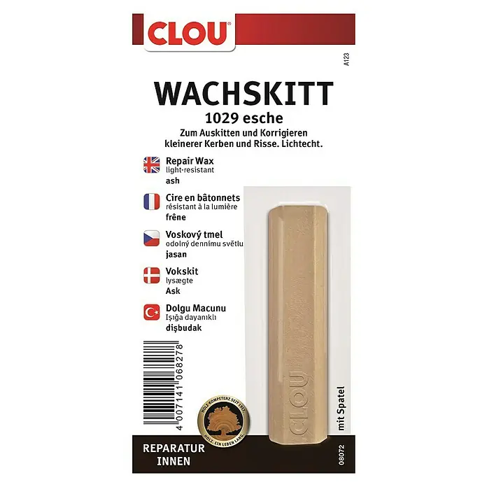 Clou Wachskittstange - Esche - Produktabbildung: CLOU Wachskitt 1029 Esche, ein Reparaturwachs zum Ausbessern von kleinen Kerben und Rissen im Innenbereich, inklusive Spatel.