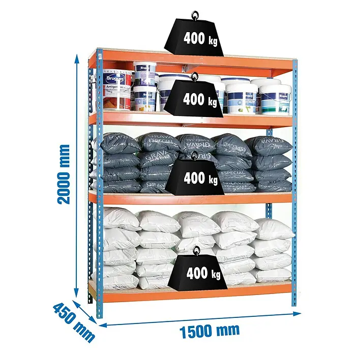 Simonrack Ecoforte Schwerlastregal Chipboard - H x B x T: 200 x 150 x 45 cm, Traglast pro Boden: 400 kg, Anzahl Böden: 4 Stk., Stecken, Blau/Orange - Abbildung eines Lagers mit einem Regal voller Farbeimer und Sandsäcke, das jeweils mit 400 kg beschwert ist.