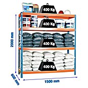 Simonrack Simontaller Metall-Schwerlastregal (L x B x H: 60 x 150 x 200 cm, Traglast: 400 kg/Boden, Anzahl Böden: 4 Stk., Blau/Orange)