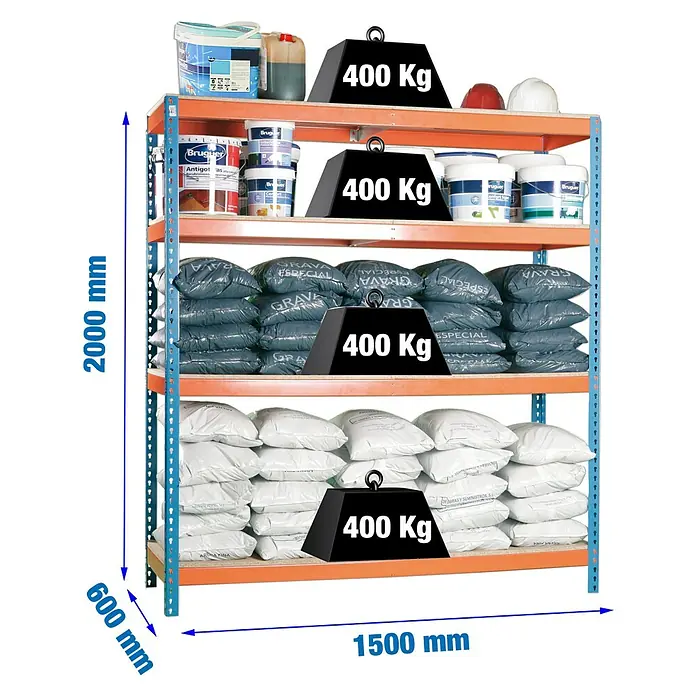 Simonrack Ecoforte Schwerlastregal Chipboard - H x B x T: 200 x 150 x 60 cm, Traglast pro Boden: 400 kg, Anzahl Böden: 4 Stk., Stecken, Blau/Orange - Blau-orange Schwerlastregal, 2000x1500x600 mm, mit vier 400-kg-Böden, beladen mit Farbe und Säcken.