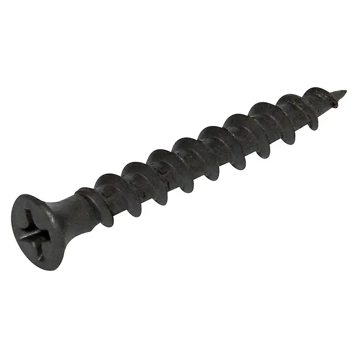 Knauf SchnellbauschraubeDurchmesser: 5,5 mm, Länge: 38 mm, Grobgewinde, Gesamtstückzahl: 1.000 Stk. - Nahaufnahme einer schwarzen Trockenbauschraube mit Kreuzschlitzkopf und scharfen Gewindegängen, ideal für Trockenbauarbeiten.