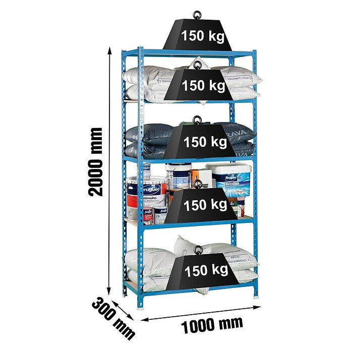 Simonrack Simonclick Metallregal (L x B x H: 30 x 100 x 200 cm, Traglast: 150 kg/Boden, Anzahl Böden: 5 Stk., Blau)