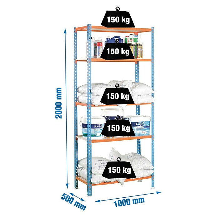 Simonrack Metall-Schwerlastregal Maderclick Plus (L x B x H: 50 x 100 x 200 cm, Traglast: 150 kg/Boden, Anzahl Böden: 5 Stk., Blau/Orange)