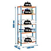 Simonrack Metall-Schwerlastregal Maderclick Plus (L x B x H: 50 x 100 x 200 cm, Traglast: 150 kg/Boden, Anzahl Böden: 5 Stk., Blau/Orange)