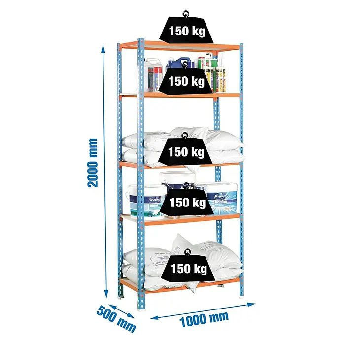 Simonrack Maderclick Metallregal Maderclick Plus - H x B x T: 200 x 100 x 50 cm, Traglast pro Boden: 150 kg, Anzahl Böden: 5 Stk., Stecken, Blau/Orange - Abbildung eines belastbaren Regals mit fünf Ebenen, jede mit einer Kapazität von 150 kg, ideal für Werkstatt oder Lager.
