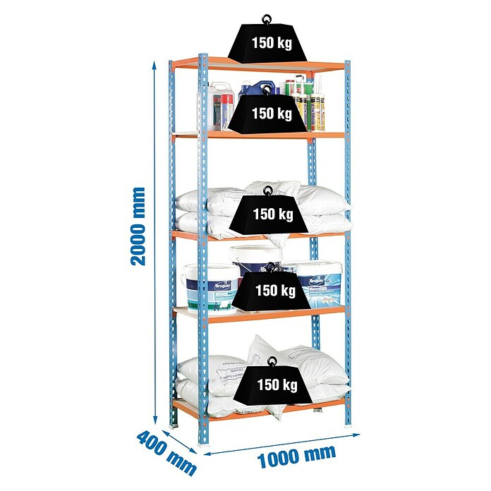 Simonrack Metall-Schwerlastregal Maderclick Plus (L x B x H: 40 x 100 x 200 cm, Traglast: 150 kg/Boden, Anzahl Böden: 5 Stk., Blau/Orange)