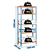 Simonrack Metall-Schwerlastregal Maderclick Plus (L x B x H: 40 x 100 x 200 cm, Traglast: 150 kg/Boden, Anzahl Böden: 5 Stk., Blau/Orange)