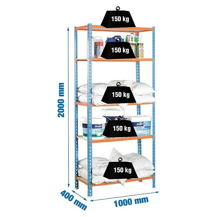 Simonrack Maderclick Metallregal Maderclick Plus - H x B x T: 200 x 100 x 40 cm, Traglast pro Boden: 150 kg, Anzahl Böden: 5 Stk., Stecken, Blau/Orange - Ein Regal mit fünf Ablagen, beladen mit verschiedenen Gegenständen, darunter Kanister, Eimer und Säcke, jeweils mit einer 150 kg Gewichtskennzeichnung.