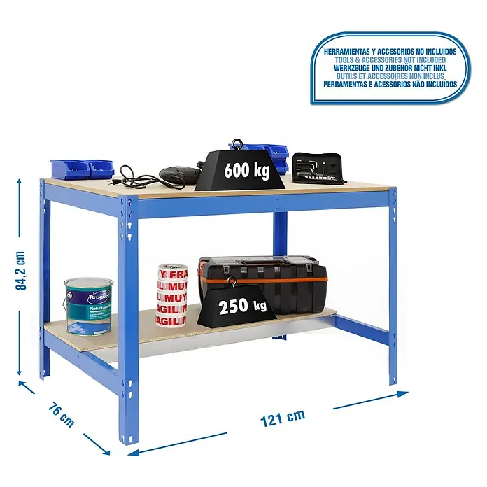 Simonrack Simonwork Banco de trabajo BT0 - L x An: 76 x 121 cm, Altura de trabajo: 84,2 cm, Carga soportada: 850 kg, Azul - Banco de trabajo azul resistente (121x76x84,2 cm) con encimera de madera y balda inferior, 600 kg capacidad sup.
