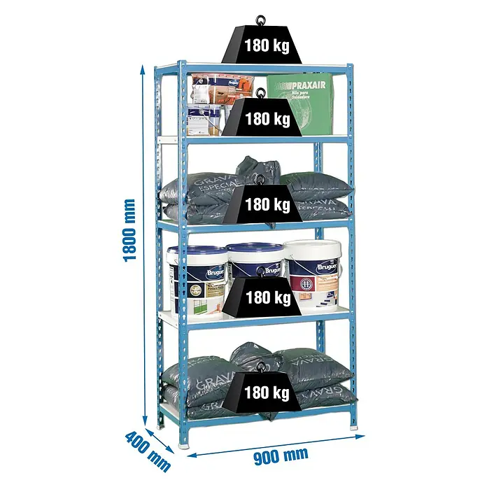 Simonrack Simonclick Metallregal Simonclick Plus - H x B x T: 180 x 90 x 40 cm, Traglast pro Boden: 180 kg, Anzahl Böden: 5 Stk., Stecken, Blau/Weiß - Ein blaues Metallregal mit fünf Ebenen, jede Ebene belastet mit 180 kg schweren Gewichten und verschiedenen Produkten.