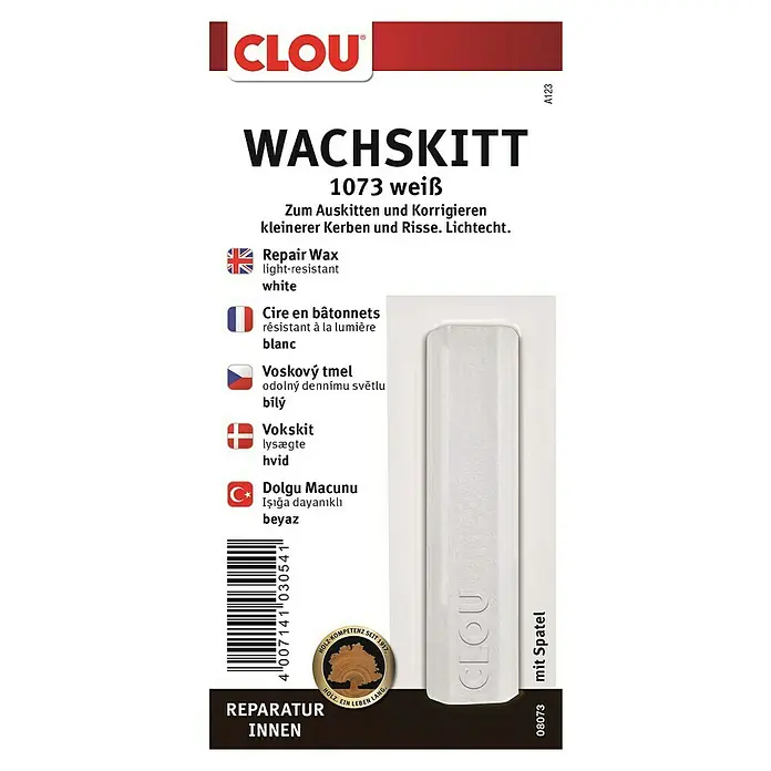 Clou Wachskittstange - Weiß - Produktabbildung von Clou Wachskitt 1073 weiß, zur Reparatur von Holzoberflächen im Innenbereich, inklusive Spatel für präzise Anwendung.