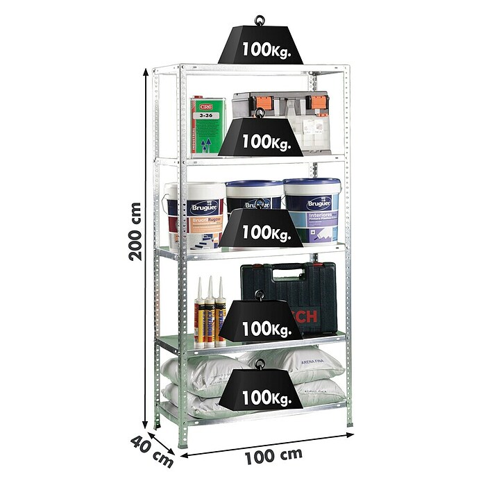 Simonrack Metall-Schwerlastregal Comfort Plus (L x B x H: 40 x 100 x 200 cm, Traglast: 100 kg/Boden, Anzahl Böden: 5 Stk., Silber)