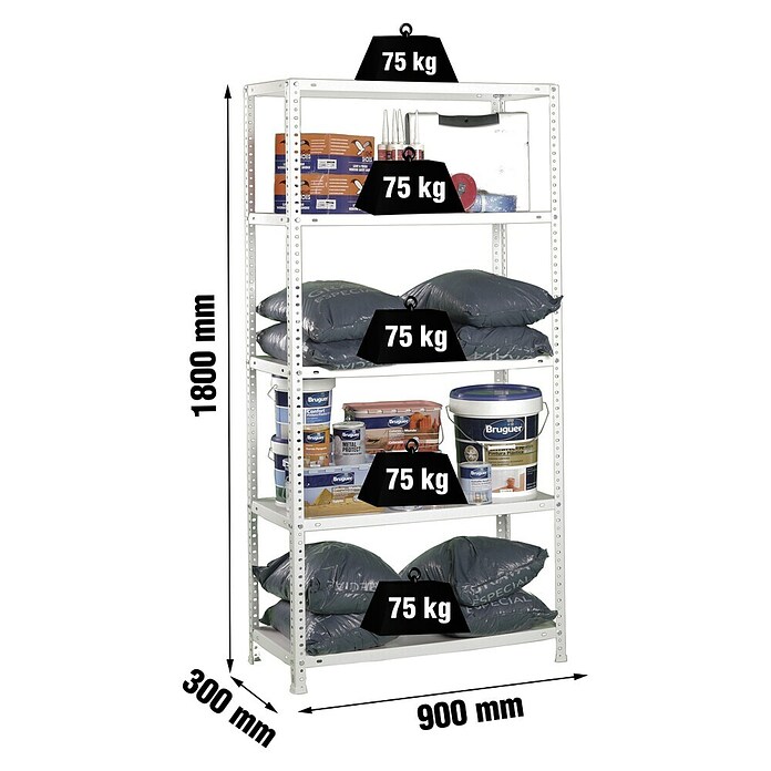 Simonrack Advantage Metallregal (L x B x H: 30 x 90 x 180 cm, Traglast: 75 kg/Boden, Anzahl Böden: 5, Montageart: Schrauben, Weiß)