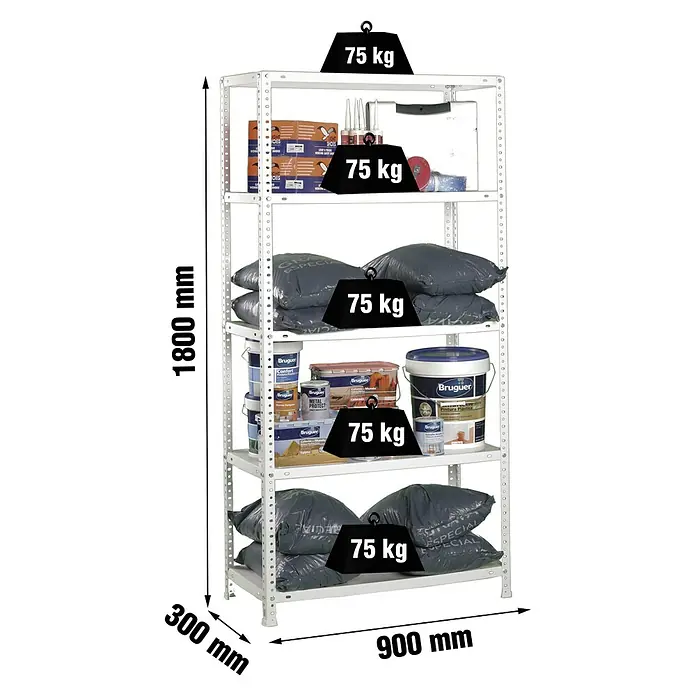 Simonrack Simonclassic Metallregal Advantage - H x B x T: 180 x 90 x 30 cm, Traglast pro Boden: 75 kg, Anzahl Böden: 5 Stk., Schrauben, Weiß - Ein weißes Metallregal mit fünf Ebenen, beladen mit Farbeimern, Farbdosen und schweren Säcken. Maximale Traglast pro Ebene 75 kg.