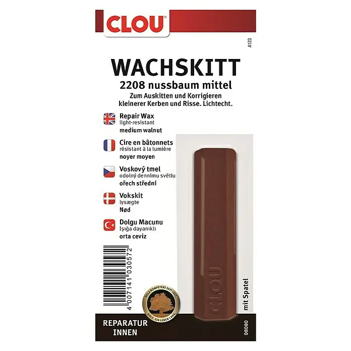 Clou Wachskittstange - Nussbaum mittel - Bild des CLOU Wachskitt 2208 Nussbaum mittel, ein Reparaturwachs zur Ausbesserung von Holzoberflächen, ideal für kleinere Schäden.
