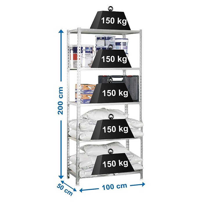 Simonrack Metall-Schwerlastregal Maderclick Plus (L x B x H: 50 x 100 x 200 cm, Traglast: 150 kg/Boden, Anzahl Böden: 5 Stk., Silber)