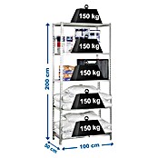 Simonrack Metall-Schwerlastregal Maderclick Plus (L x B x H: 50 x 100 x 200 cm, Traglast: 150 kg/Boden, Anzahl Böden: 5 Stk., Silber)