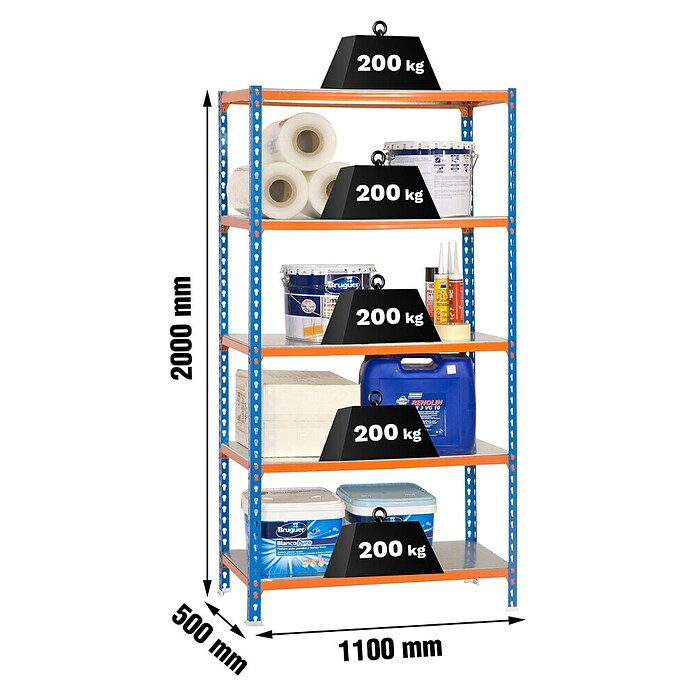 Simonrack Metall-Schwerlastregal Simonclick SuperPlus (L x B x H: 110 x 50 x 200 cm, Traglast: 180 kg/Boden, Anzahl Böden: 5 Stk., Stecken, Blau/Orange)