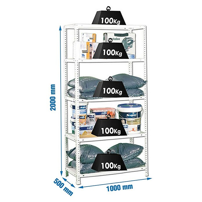 Simonrack Metall-Schwerlastregal Comfort Plus (L x B x H: 50 x 100 x 200 cm, Traglast: 100 kg/Boden, Anzahl Böden: 5 Stk., Weiß)