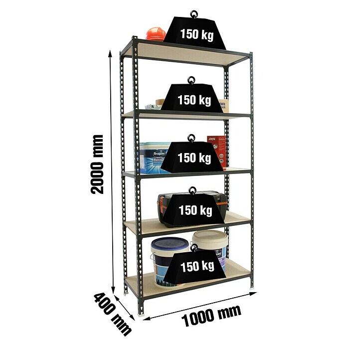 Simonrack Metall-Schwerlastregal Maderclick Plus (L x B x H: 40 x 100 x 200 cm, Traglast: 150 kg/Boden, Anzahl Böden: 5 Stk., Anthrazitgrau)