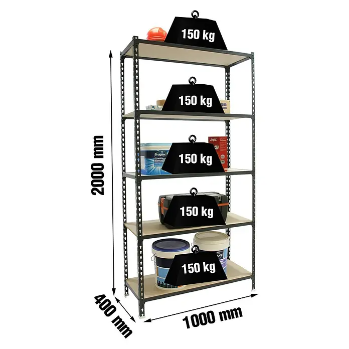 Simonrack Maderclick Metallregal Maderclick Plus - H x B x T: 200 x 100 x 40 cm, Traglast pro Boden: 150 kg, Anzahl Böden: 5 Stk., Stecken, Anthrazitgrau - Bild eines Schwerlastregals mit fünf Regalböden, jeweils mit 150 kg belastet, zur Illustration der Tragfähigkeit.