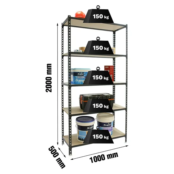 Simonrack Maderclick Metallregal Maderclick Plus - H x B x T: 200 x 100 x 50 cm, Traglast pro Boden: 150 kg, Anzahl Böden: 5 Stk., Stecken, Anthrazitgrau - Produktfoto eines Schwerlastregals mit fünf Böden, beladen mit verschiedenen Gegenständen und Gewichten, Größenangaben inklusive.