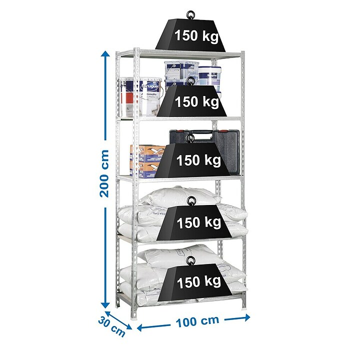 Simonrack Maderclick Metallregal (L x B x H: 30 x 100 x 200 cm, Traglast: 150 kg/Boden, Anzahl Böden: 5 Stk., Silber)