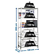 Simonrack Maderclick Metallregal (L x B x H: 30 x 100 x 200 cm, Traglast: 150 kg/Boden, Anzahl Böden: 5 Stk., Silber)