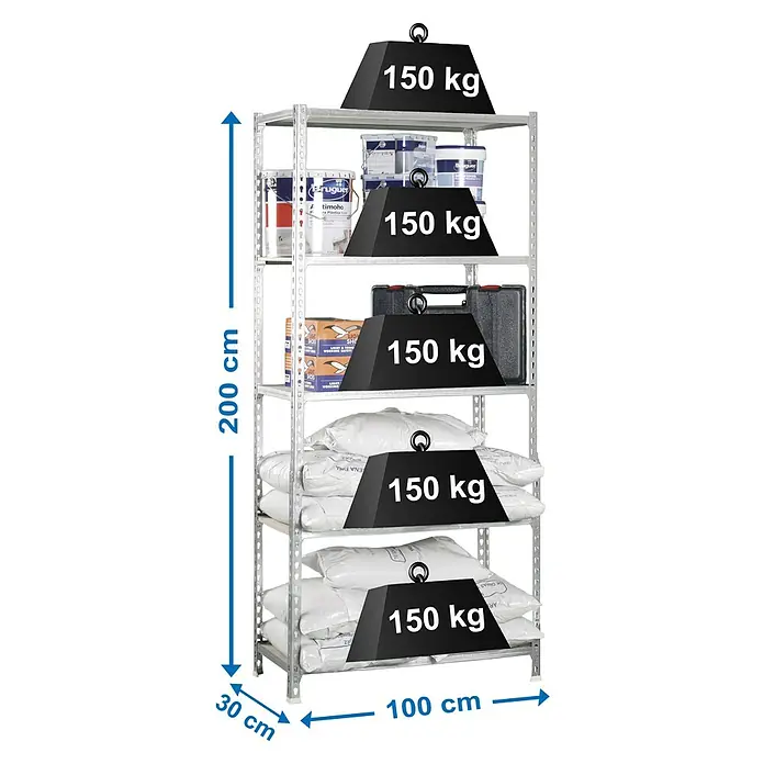Simonrack Maderclick Metallregal Maderclick Plus - H x B x T: 200 x 100 x 30 cm, Traglast pro Boden: 150 kg, Anzahl Böden: 5 Stk., Stecken, Silber - Abbildung eines robusten Metallregals mit fünf Ebenen, beladen mit Farbdosen, Werkzeugkasten und Säcken, wobei jede Ebene mit 150 kg Gewicht belastet ist.