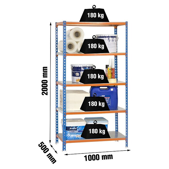 Simonrack Metall-Schwerlastregal Simonclick Plus (L x B x H: 50 x 100 x 200 cm, Traglast: 180 kg/Boden, Anzahl Böden: 5 Stk., Blau/Orange)