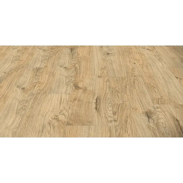 Living by Haro Hydrostar Designboden - Eiche Alba, Landhausdiele, 1.282 x 235 x 6,5 mm - Helle Holzfußbodendielen mit natürlicher Maserung, aus diagonaler Perspektive.