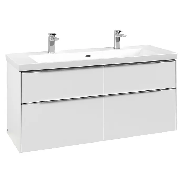 Villeroy & Boch Subway 3.0 Waschbeckenunterschrank - Pure White, Anzahl Schubladen: 4 Stk., Farbe Griff: Aluminium glänzend, B x T x H: 127,2 x 47,8 x 57,6 cm, Mit Beleuchtung - Weißer Doppelwaschtisch mit zwei integrierten Waschbecken, zwei Chromarmaturen und vier grifflosen Schubladen.