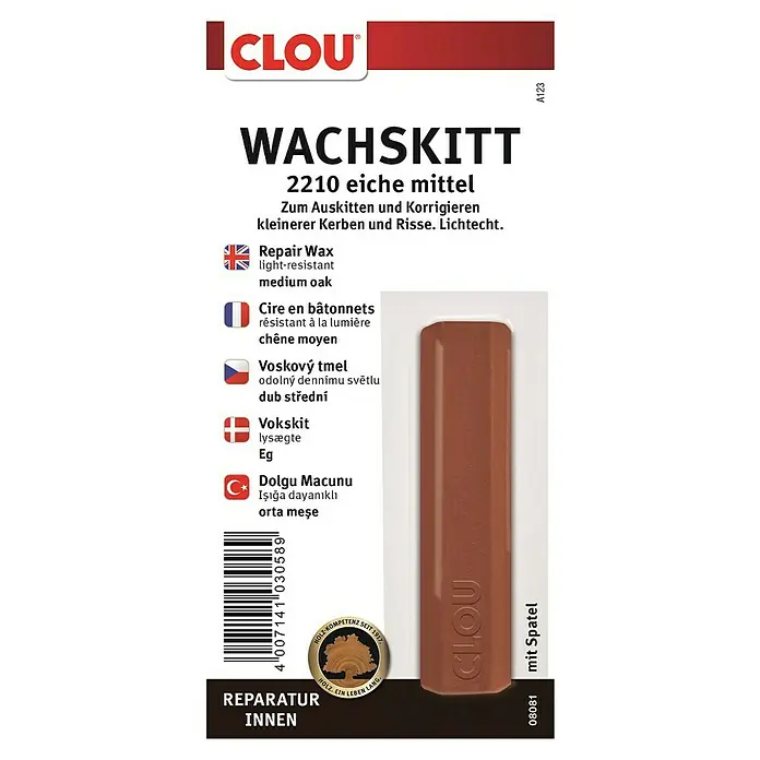 Clou Wachskittstange - Eiche mittel - Clou Wachskitt 2210 Eiche mittel, Reparaturwachs für kleinere Kerben und Risse, inklusive Spatel für einfache Anwendung.
